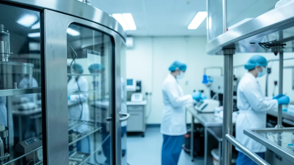 Imagem gerada por IA: Tanque de armazenamento criogênico em laboratório de fertilidade, com profissionais ao fundo.