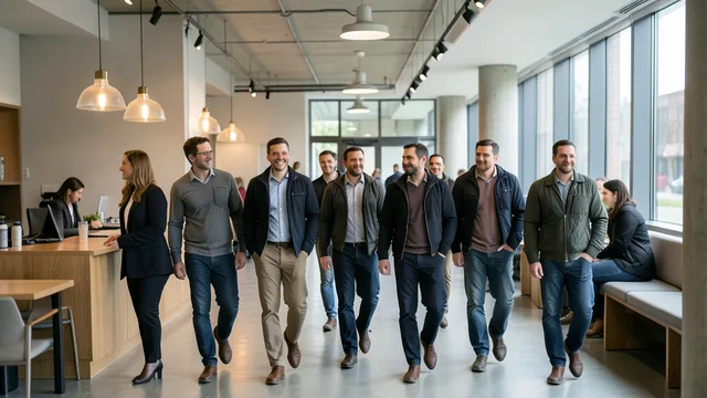 Imagem gerada por IA: Trabalhadores deixam o local de trabalho ao fim do expediente.