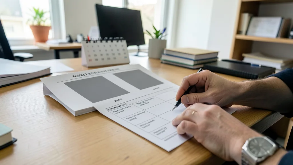 Imagem gerada por IA: Mãos organizam uma escala semanal de trabalho com dois dias de descanso destacados.