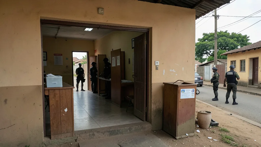 Imagem gerada por IA: Urna e cabines de votação em um local de votação no Haiti, com agentes de segurança ao fundo.