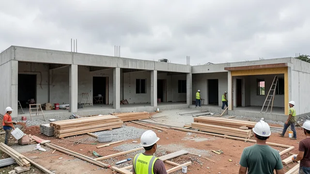 Imagem gerada por IA: Prédio escolar em construção, com materiais de obra e trabalhadores ao fundo.