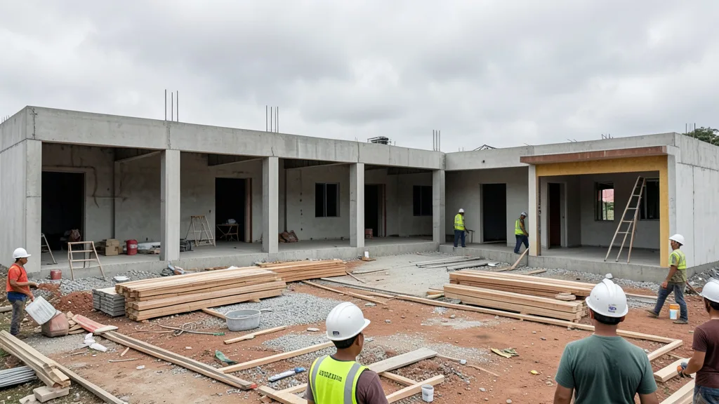 Imagem gerada por IA: Prédio escolar em construção, com materiais de obra e trabalhadores ao fundo.