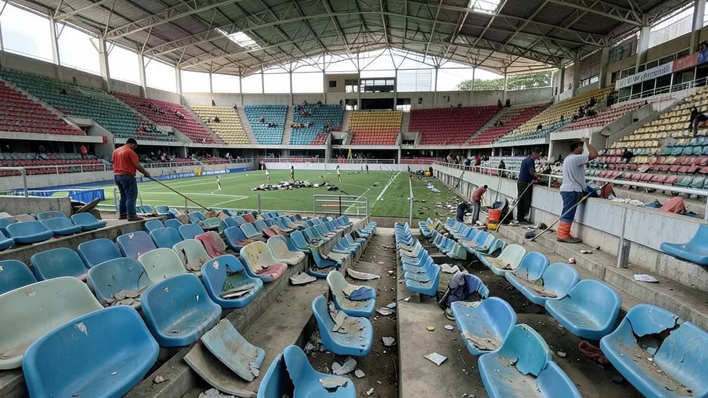 Imagem gerada por IA: Cadeiras quebradas no Maracanã enquanto funcionários trabalham nos reparos do estádio.