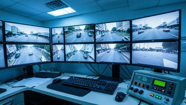 Imagem gerada por IA: Monitores de uma central de videomonitoramento exibem imagens indistintas de ruas da cidade.