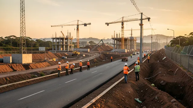 Imagem gerada por IA: Trabalhadores acompanham uma obra de infraestrutura em um canteiro de construção.