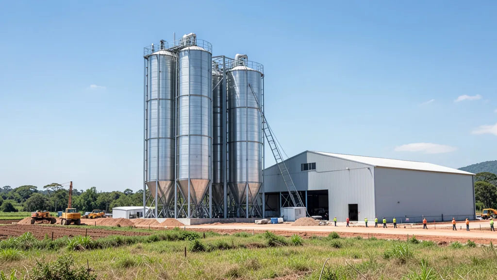 Imagem gerada por IA: Armazéns de grãos em construção ao lado de campos no Paraná.