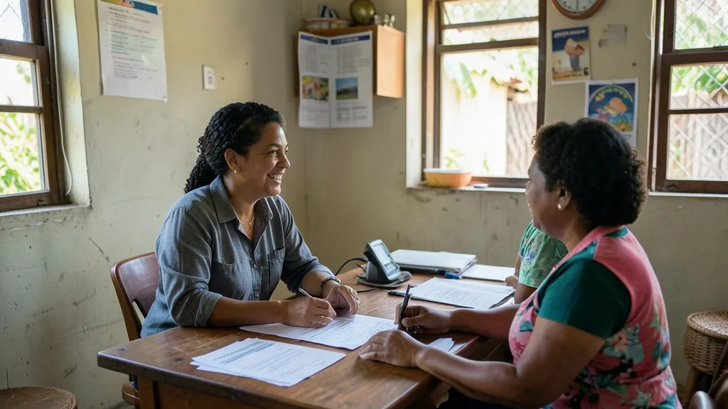Imagem gerada por IA: Atendente conversa com uma cliente em uma cooperativa de crédito.