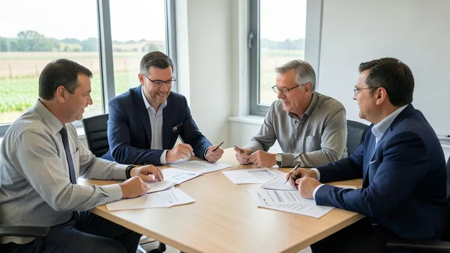 Imagem gerada por IA: Representantes de uma cooperativa analisam documentos durante uma reunião.