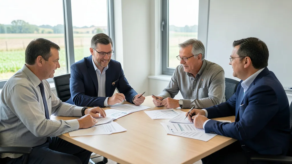 Imagem gerada por IA: Representantes de uma cooperativa analisam documentos durante uma reunião.