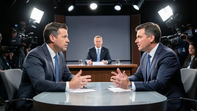 Imagem gerada por IA: Dois estrategistas políticos debatem em um estúdio de televisão.