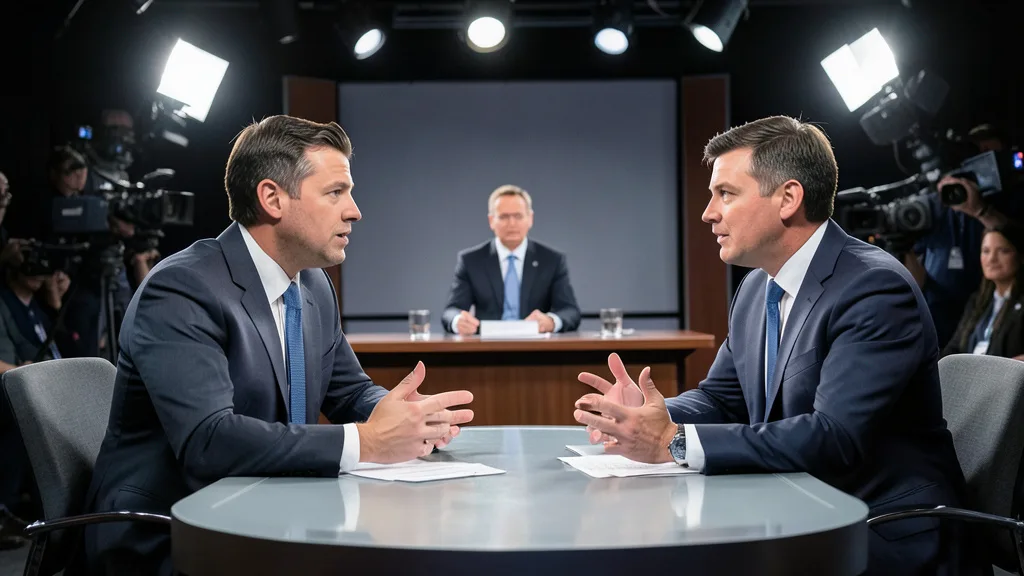 Imagem gerada por IA: Dois estrategistas políticos debatem em um estúdio de televisão.
