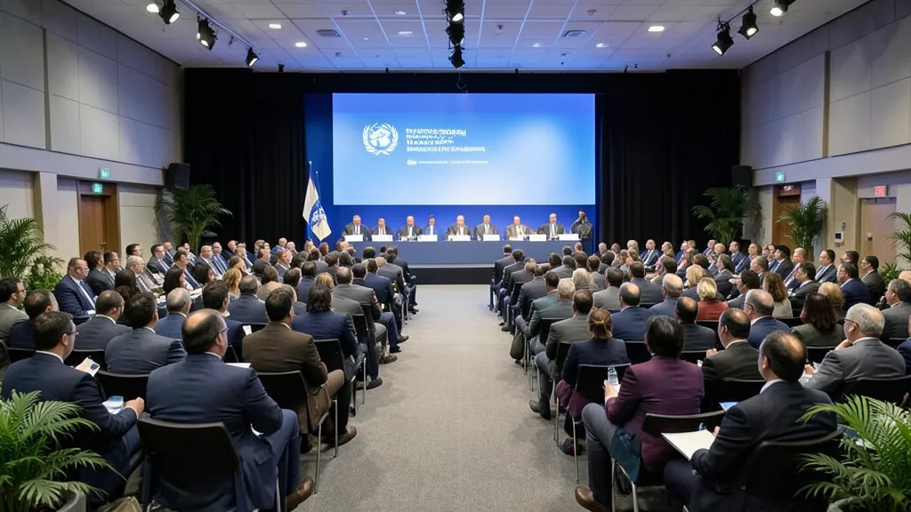 Imagem gerada por IA: Delegados participam de uma conferência internacional sobre biodiversidade em um centro de convenções.