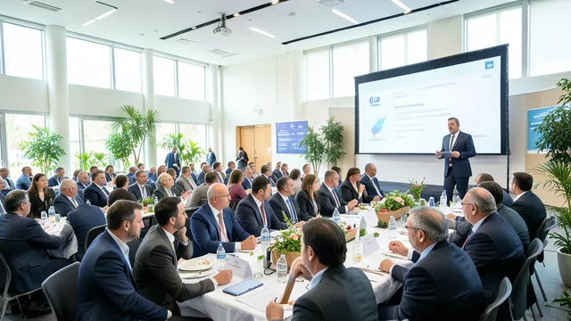Imagem gerada por IA: Delegados participam de uma conferência internacional sobre biodiversidade em um centro de convenções.