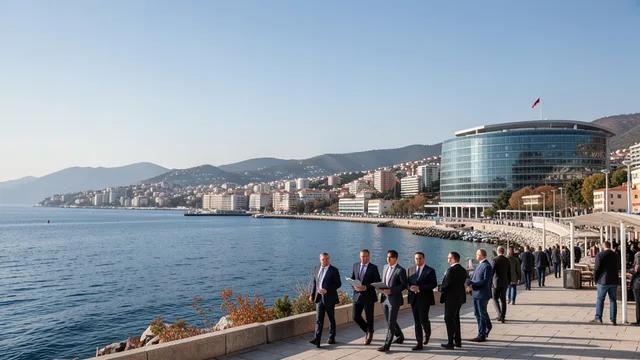 Imagem gerada por IA: Centro de conferências em Antália, na Turquia, com delegados caminhando em direção ao local.