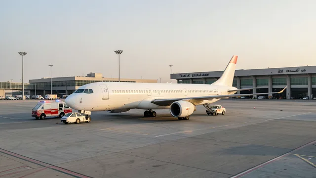 Avião comercial parado em um aeroporto, com veículos de emergência próximos após um pouso de desvio.