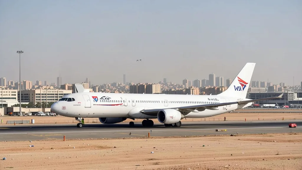 Imagem gerada por IA: Avião comercial parado em uma pista de aeroporto no Oriente Médio, com edifícios ao fundo.