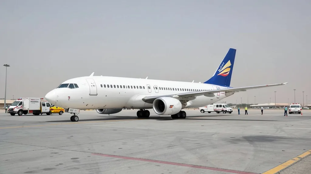 Avião comercial parado em um aeroporto de Tabuk, com veículos de emergência ao redor.