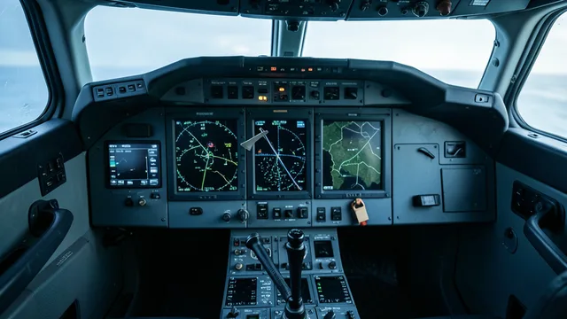 Cabine de comando vazia de avião, com controles de voo e um machado de emergência preso ao suporte.