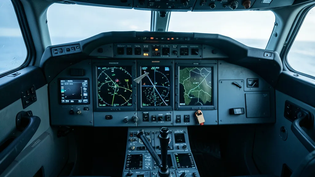 Cabine de comando vazia de avião, com controles de voo e um machado de emergência preso ao suporte.