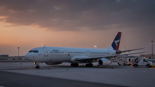Imagem gerada por IA: Avião comercial parado em uma pista após pouso de emergência, com veículos de atendimento ao lado.
