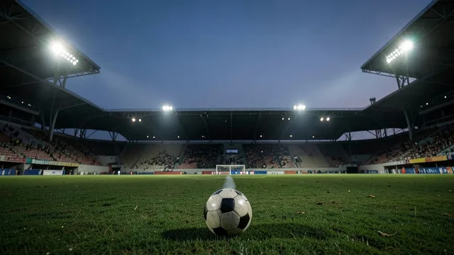 Imagem gerada por IA: Bola no gramado de um estádio de futebol vazio, sob as luzes dos refletores.