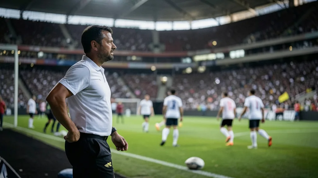 Imagem gerada por IA: Técnico observa jogadores durante treino em um estádio de futebol.