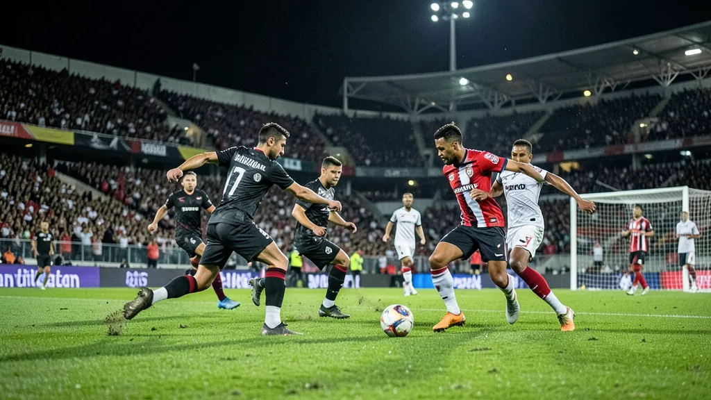 Imagem gerada por IA: Jogadores de Corinthians e Vitória disputam a bola em uma partida noturna de futebol.