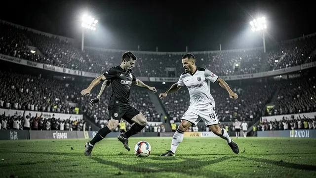 Imagem gerada por IA: Jogadores de duas equipes disputam a bola em um estádio lotado durante uma partida de futebol.