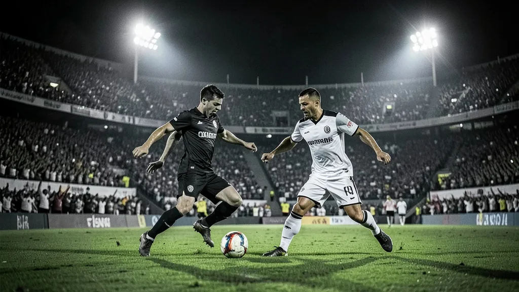 Imagem gerada por IA: Jogadores de duas equipes disputam a bola em um estádio lotado durante uma partida de futebol.