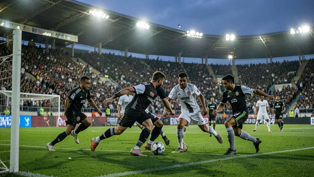 Imagem gerada por IA: Jogadores disputam a bola em uma partida de futebol sob as luzes do estádio.