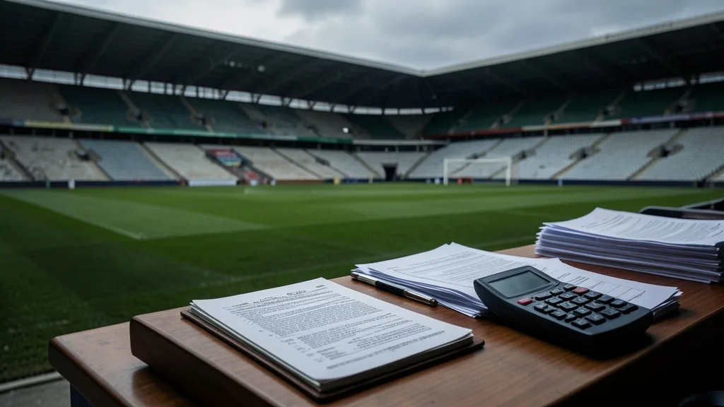 Imagem gerada por IA: Papéis financeiros e uma calculadora diante de um estádio de futebol vazio.
