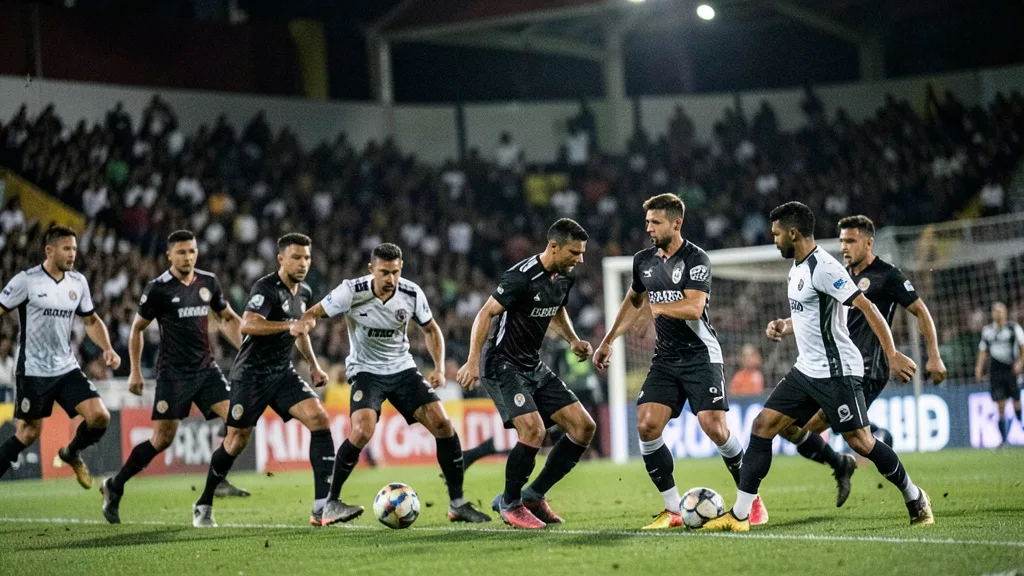 Imagem gerada por IA: Jogadores disputam uma partida de futebol em estádio lotado sob iluminação noturna.