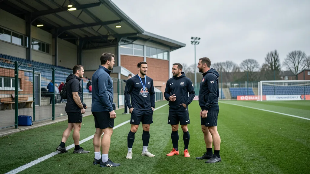 Imagem gerada por IA: Jogadores e um integrante da comissão conversam à beira de um campo de treinamento.