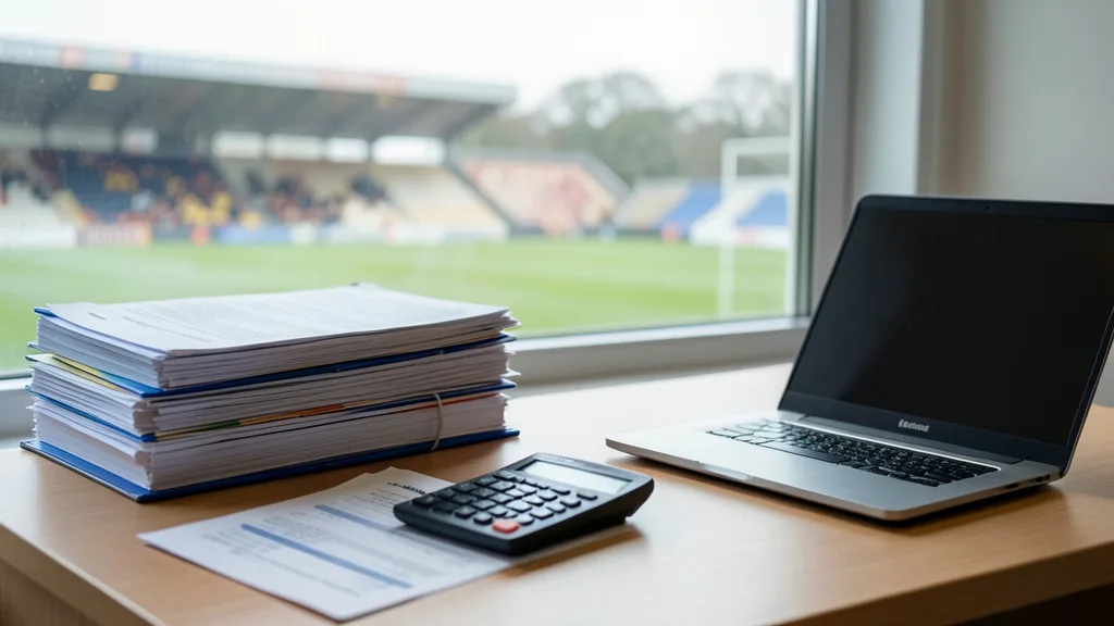 Imagem gerada por IA: Documentos financeiros e calculadora em uma mesa, com um estádio de futebol ao fundo.