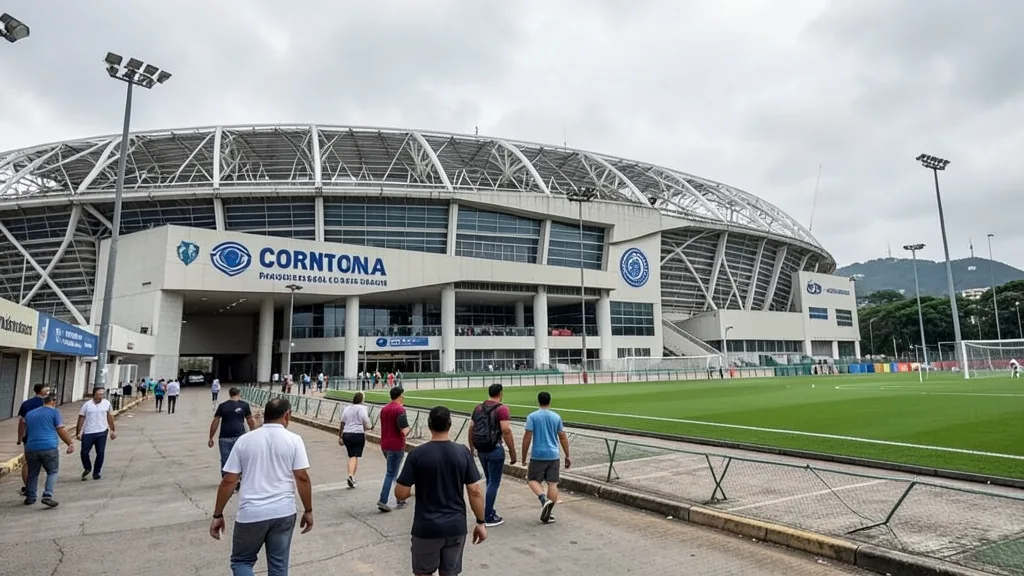 Imagem gerada por IA: Entrada do Parque São Jorge, sede do Corinthians, com torcedores caminhando pelo local.