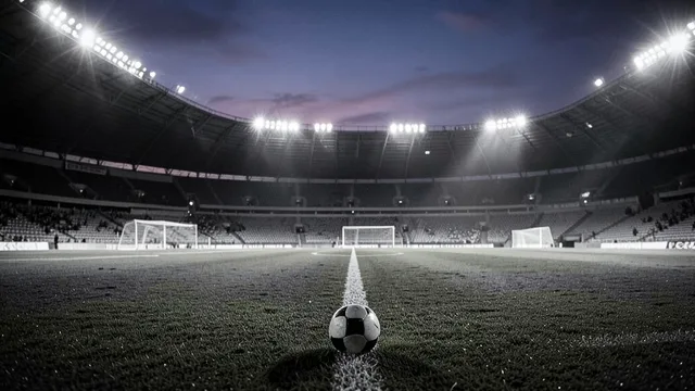 Imagem gerada por IA: Bola no gramado de um estádio de futebol sob iluminação noturna.