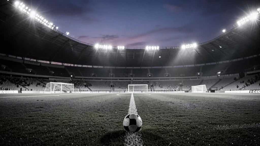 Imagem gerada por IA: Bola no gramado de um estádio de futebol sob iluminação noturna.