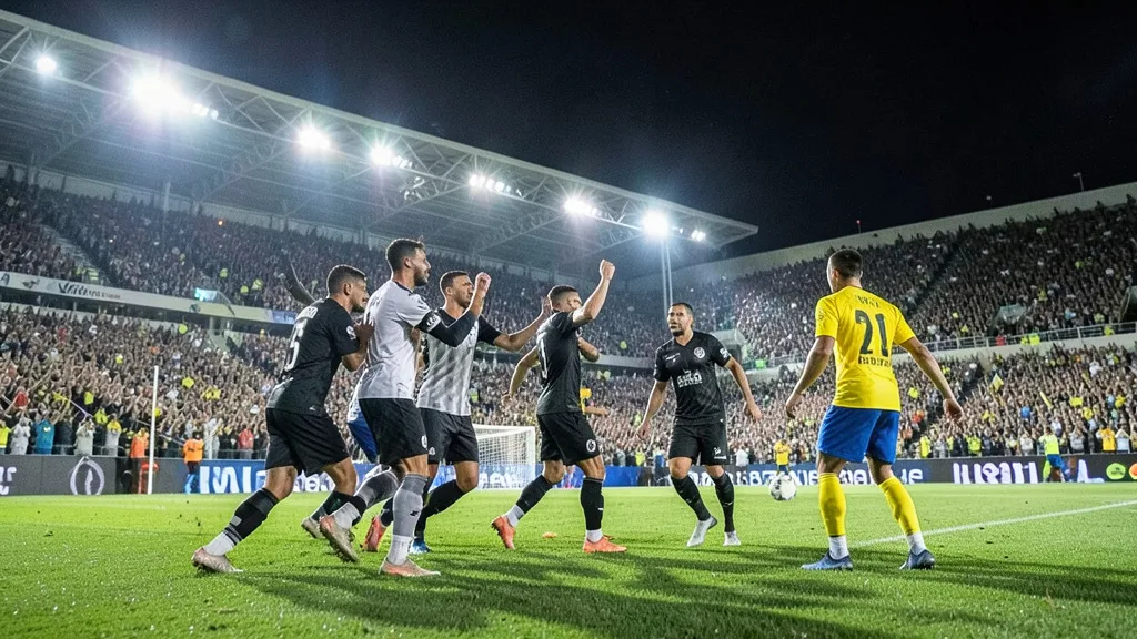 Imagem gerada por IA: Jogadores de preto e branco comemoram um gol em um estádio lotado.