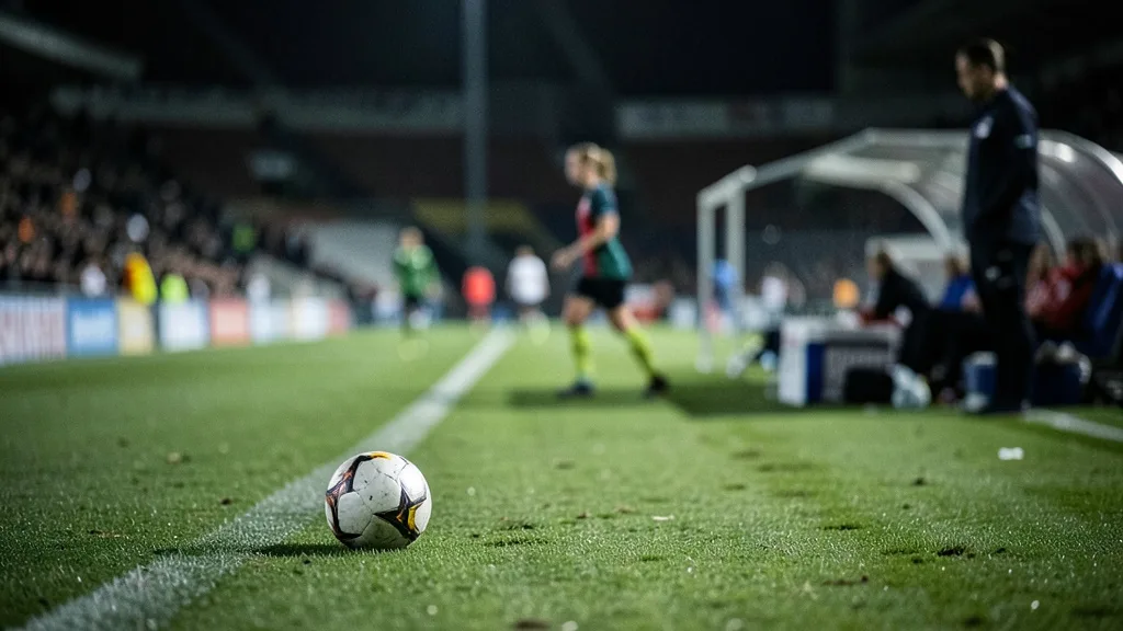 Imagem gerada por IA: Bola parada perto da linha lateral de um campo de futebol após uma partida.