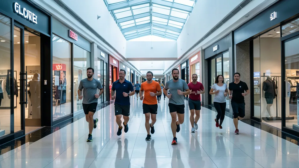 Imagem gerada por IA: Corredores treinam em um corredor de shopping em Singapura.