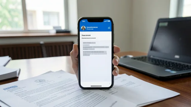 Imagem gerada por IA: Celular com uma notificação institucional genérica sobre uma mesa de escritório.