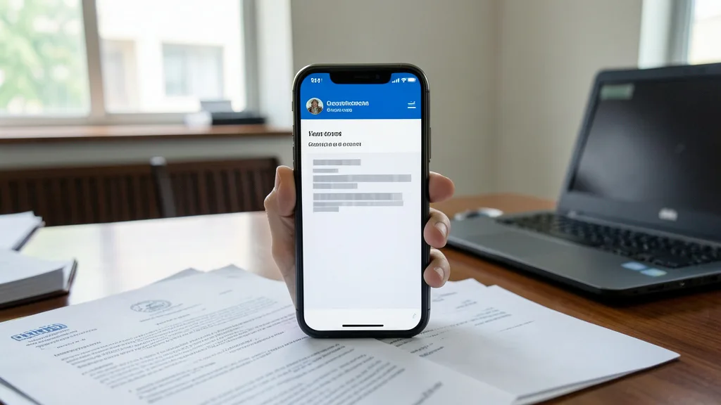 Imagem gerada por IA: Celular com uma notificação institucional genérica sobre uma mesa de escritório.