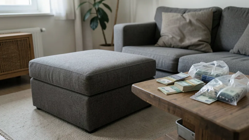 Imagem gerada por IA: Pufe em uma sala com cédulas e sacos lacrados sobre uma mesa.