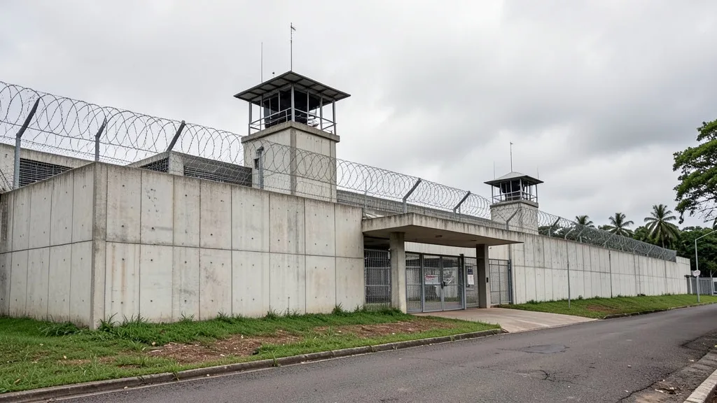 Imagem gerada por IA: Complexo penitenciário de alta segurança com muros altos e guaritas nos arredores de San José.