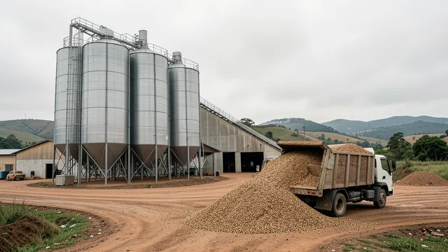 Imagem gerada por IA: Caminhão descarrega grãos diante de silos de uma cooperativa agrícola.