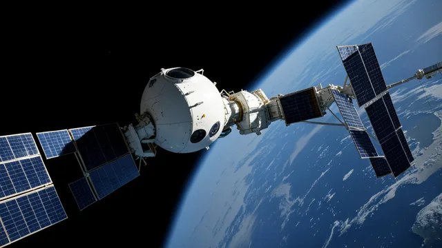 Cápsula espacial se aproxima da Estação Espacial Internacional, com a Terra ao fundo.