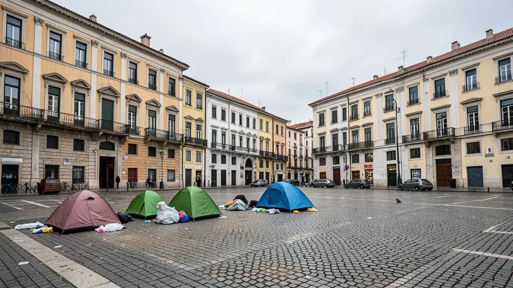 Imagem gerada por IA: Barracas recolhidas em uma praça de Lisboa após a remoção de um acampamento de ativistas.