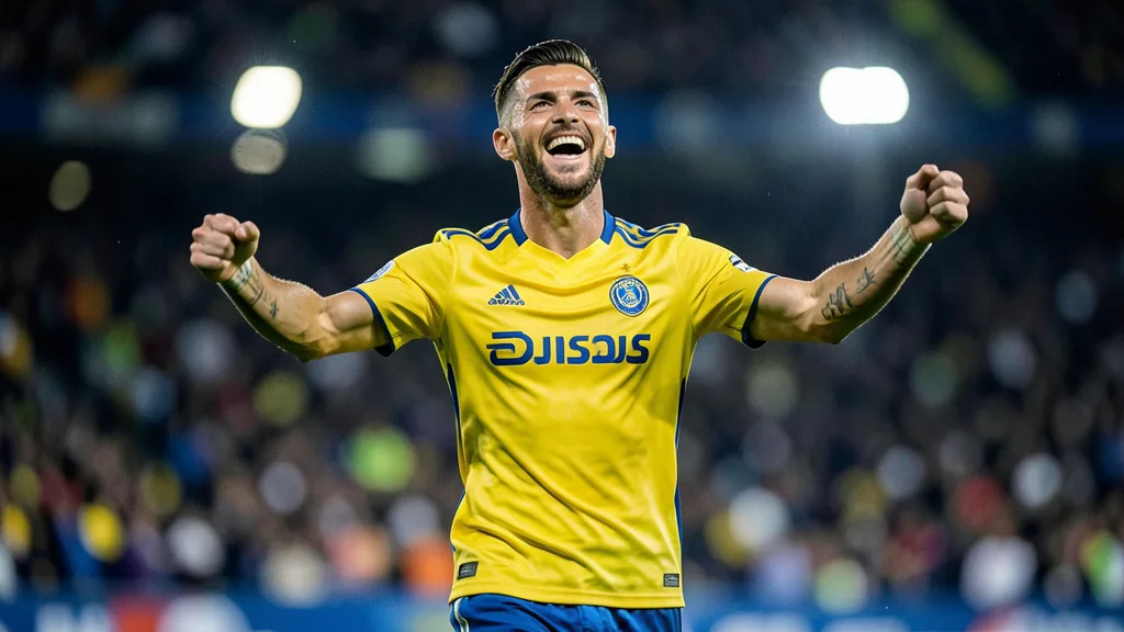 Imagem gerada por IA: Cristiano Ronaldo comemora gol pelo Al-Nassr em campo.