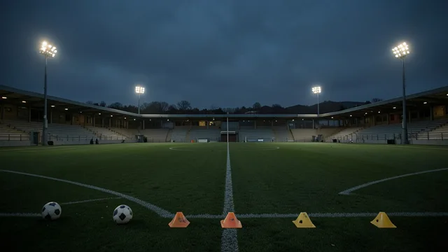 Imagem gerada por IA: Campo de treino de futebol vazio ao entardecer, com bolas e cones no gramado.