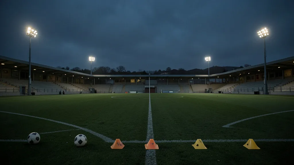 Imagem gerada por IA: Campo de treino de futebol vazio ao entardecer, com bolas e cones no gramado.